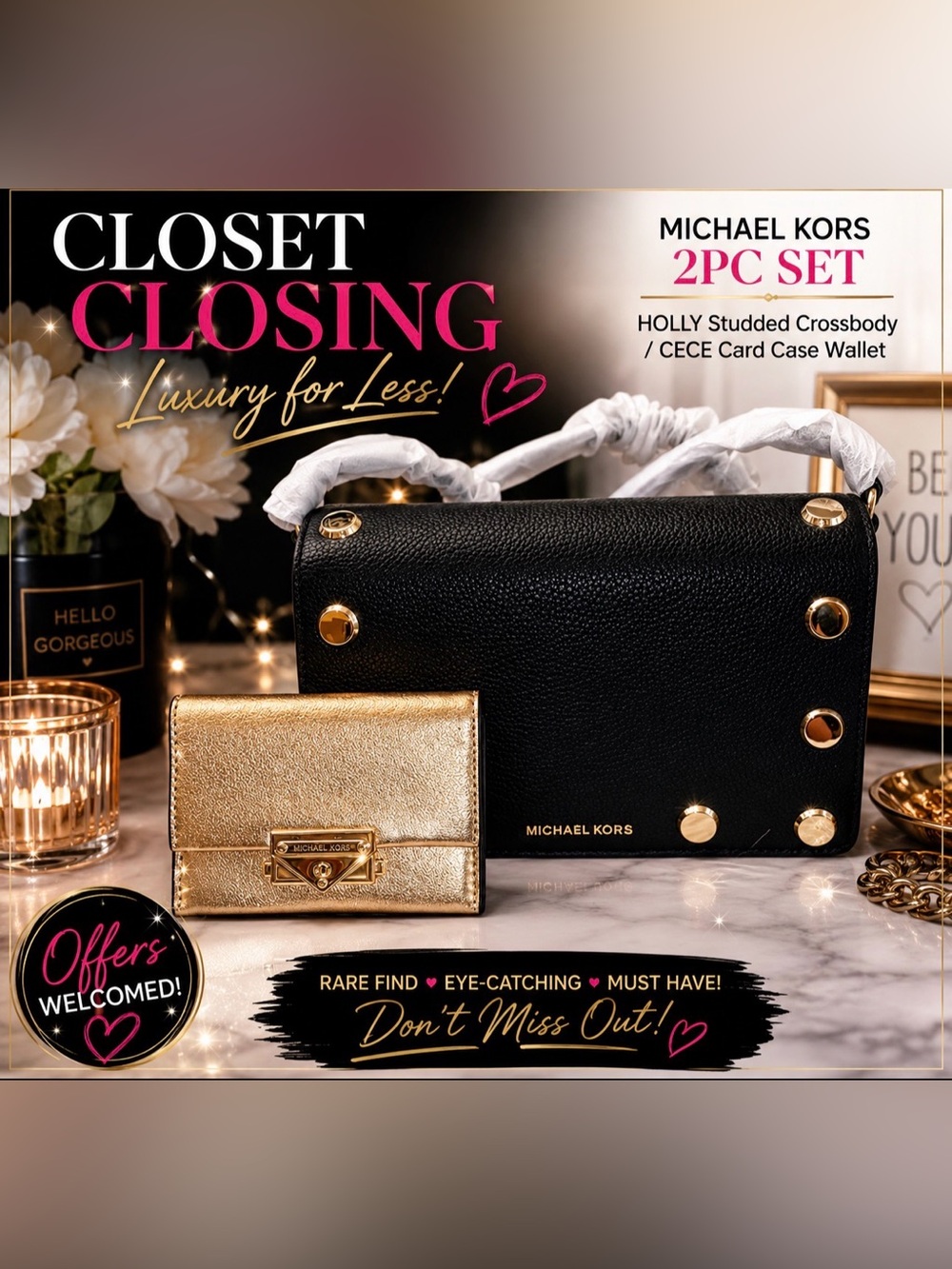 Michael Kors HOLLY Studded Crossbody/CECE Card Case Wallet 2pc Set